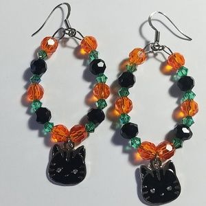 Handmade Black Cat Halloween Hoop Earrings